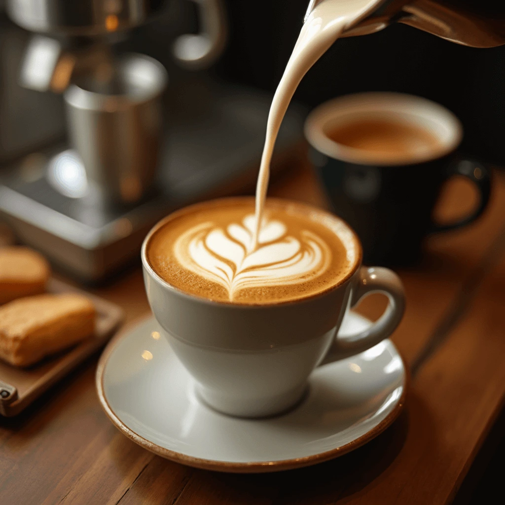 A cup of Breve coffee with latte art being poured, surrounded by an espresso machine and biscuits on a wooden table.