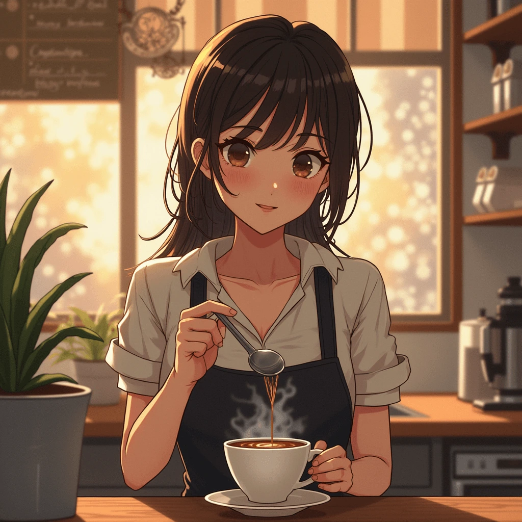 Manhwa character in a cozy cafe preparing coffee, showcasing the blend of art and storytelling.