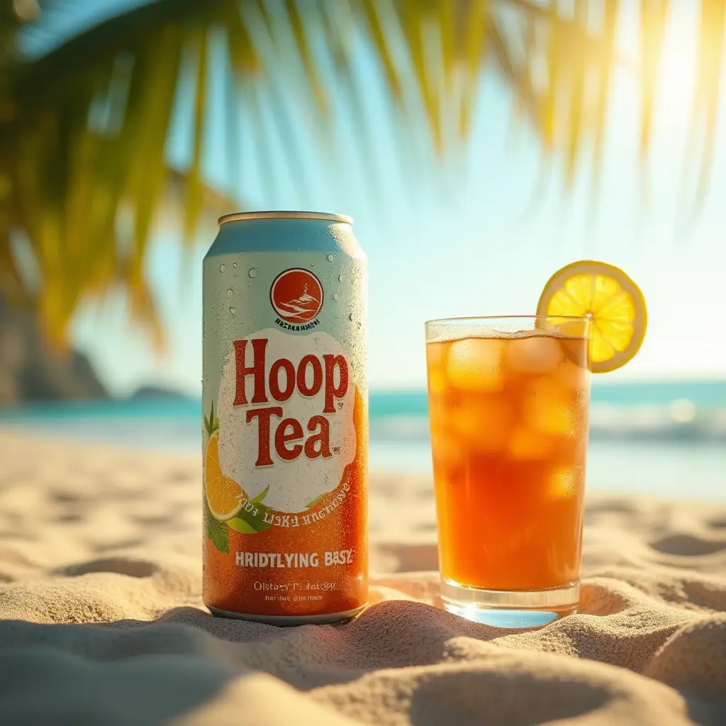 A chilled can of Hoop Tea on a sunny beach with ocean waves and a glass of iced tea beside it.