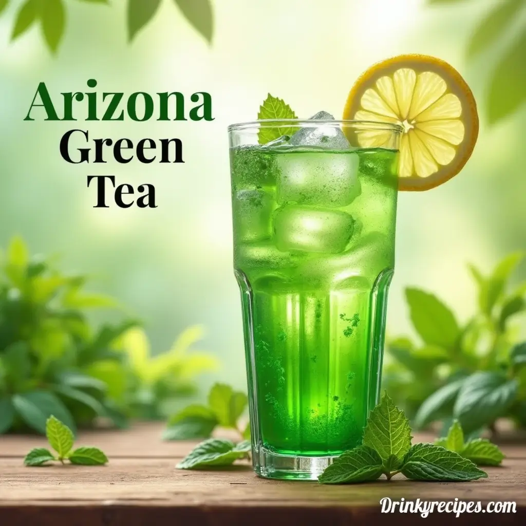 Glass of Arizona Green Tea with ice cubes, lemon slice, and mint leaves, placed on a wooden surface, symbolizing health, refreshment, and natural ingredients