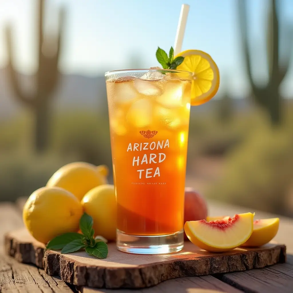 A refreshing glass of iced tea on a wooden table, surrounded by fresh lemons, peaches, and tea leaves, with a sunny outdoor Arizona-inspired backdrop.