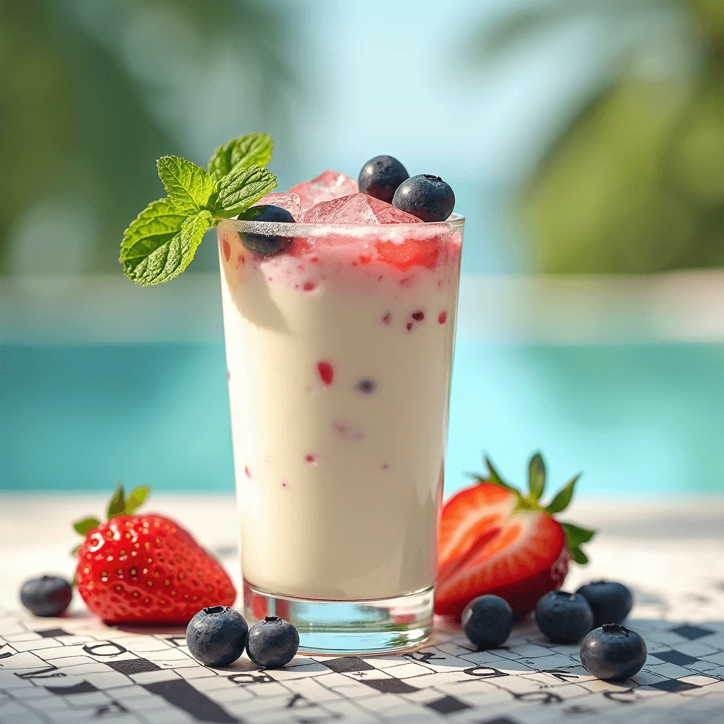 Refreshing cold yogurt drink with fruits and mint, set against a sunny outdoor background with a crossword puzzle theme.