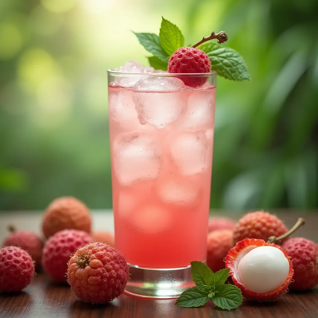 A refreshing glass of lychee juice with ice, garnished with a lychee fruit and mint, placed on a wooden table with fresh lychees around it.