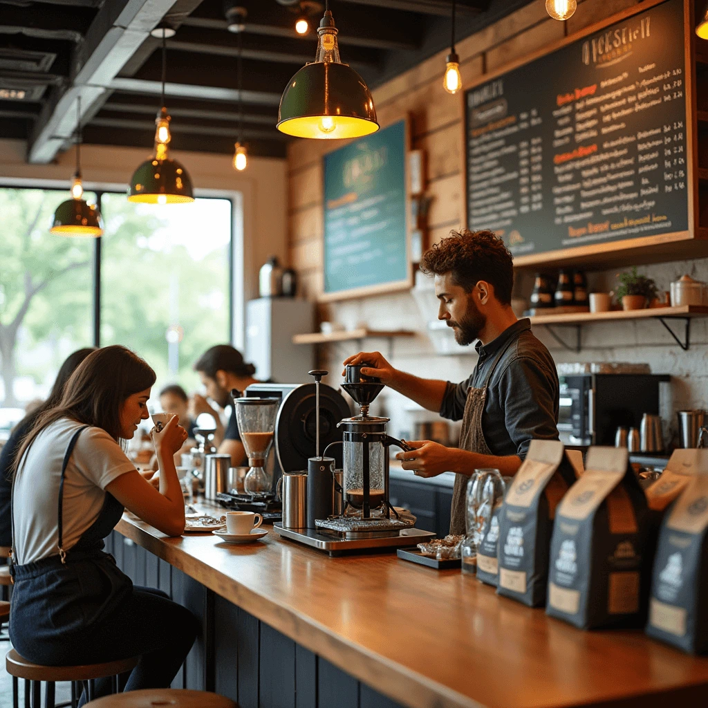 A cozy and modern coffee shop interior with a barista preparing coffee using a French press and pour-over, surrounded by customers enjoying their coffee.