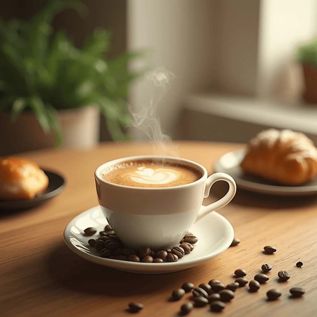 A cozy scene featuring a steaming cup of decaf coffee on a wooden table, surrounded by coffee beans, a pastry, and soft greenery.