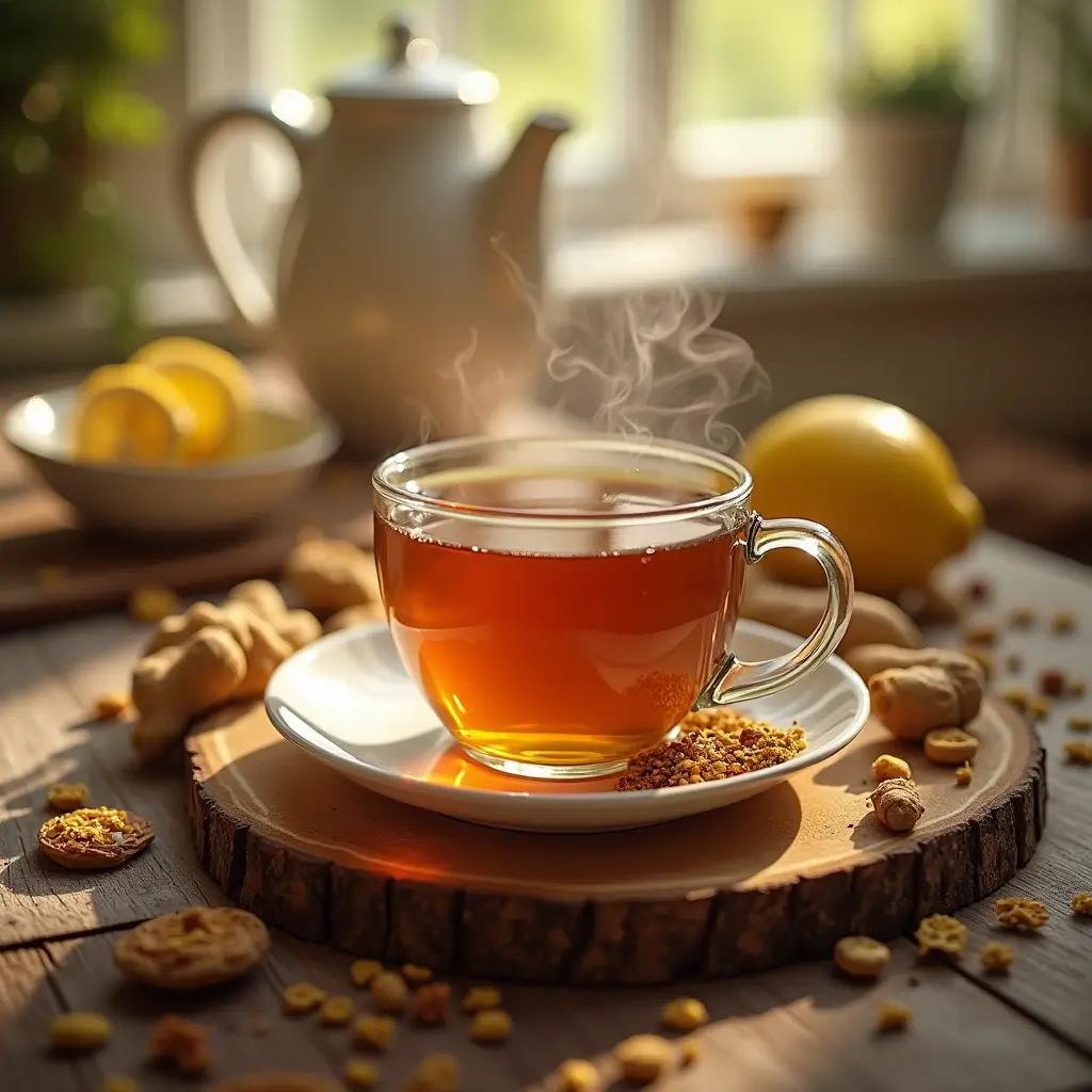 Warm cup of throat coat tea surrounded by natural ingredients like licorice root, slippery elm, and marshmallow root, with soft lighting and herbal accessories.