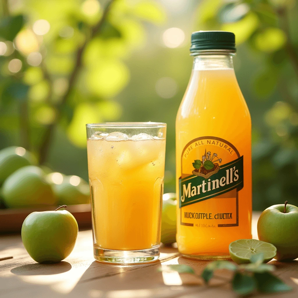 Glass of Martinelli apple juice with the iconic bottle and fresh green apples on a sunny table.