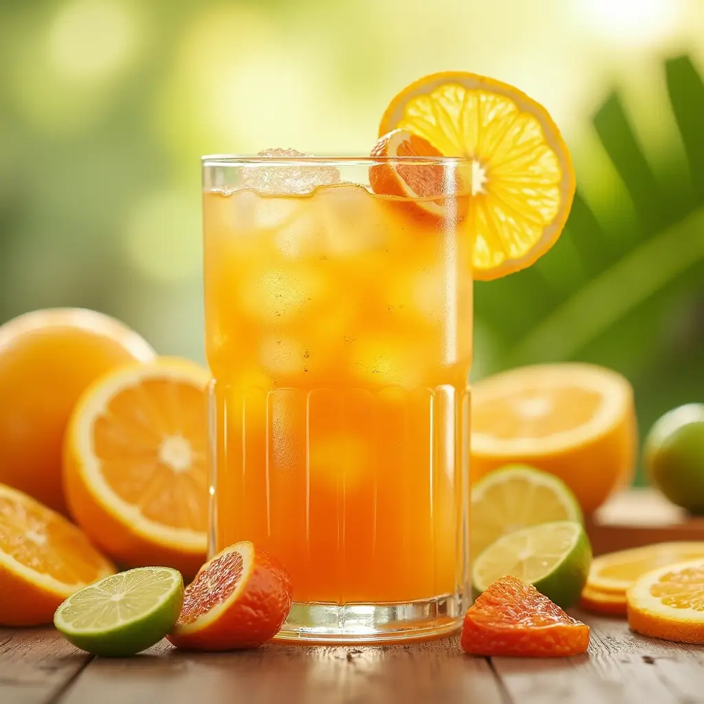 Glass of Tampico Fruit Juice with citrus slices and fresh fruits, showcasing its vibrant, healthy appeal.