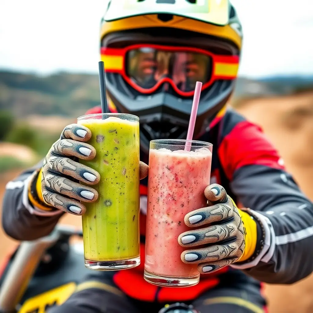 Dirt bike rider enjoying a refreshing smoothie after a ride, with an energetic off-road background