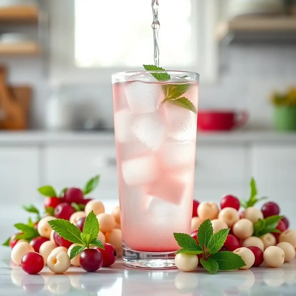 Glass of refreshing white cranberry juice with fresh cranberries and mint.