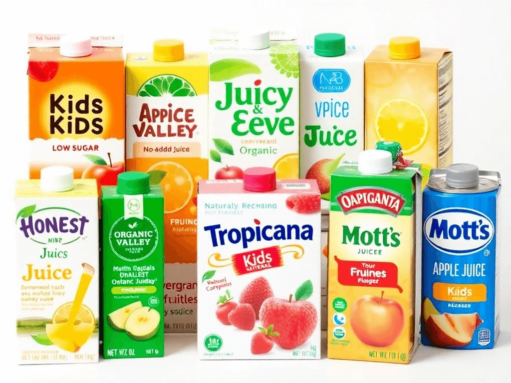 Healthy juice boxes for kids from Honest Kids, Juicy Juice, Apple & Eve, Organic Valley, Tropicana Kids, and Mott’s, with low-sugar and organic options.