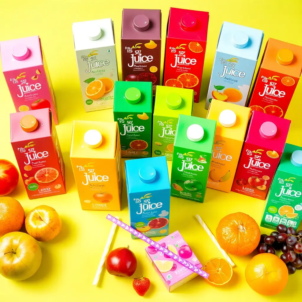 An assortment of top juice box brands for 2024, featuring different flavors and eco-friendly packaging, surrounded by fresh fruits.