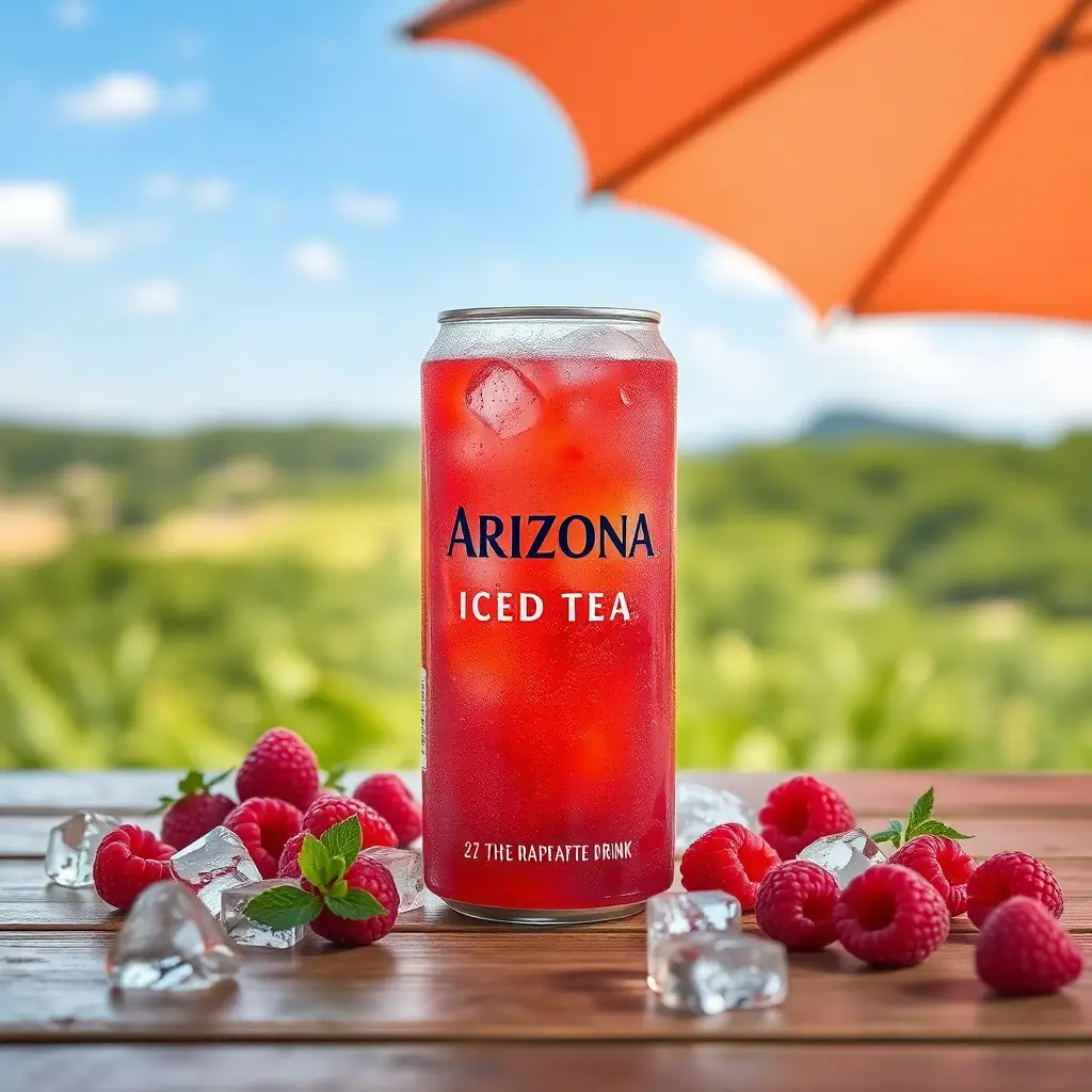 A can of Arizona Raspberry Iced Tea surrounded by fresh raspberries and ice cubes on a summer day.