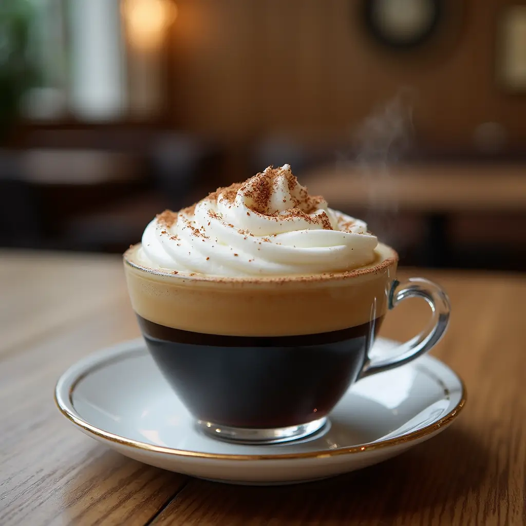 A traditional Vienna coffee topped with whipped cream served in a classic porcelain cup, evoking the charm of Austrian coffeehouses.