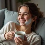 Person recovering from wisdom teeth removal, holding a cup of herbal tea in a cozy home setting, promoting safe beverage choices.