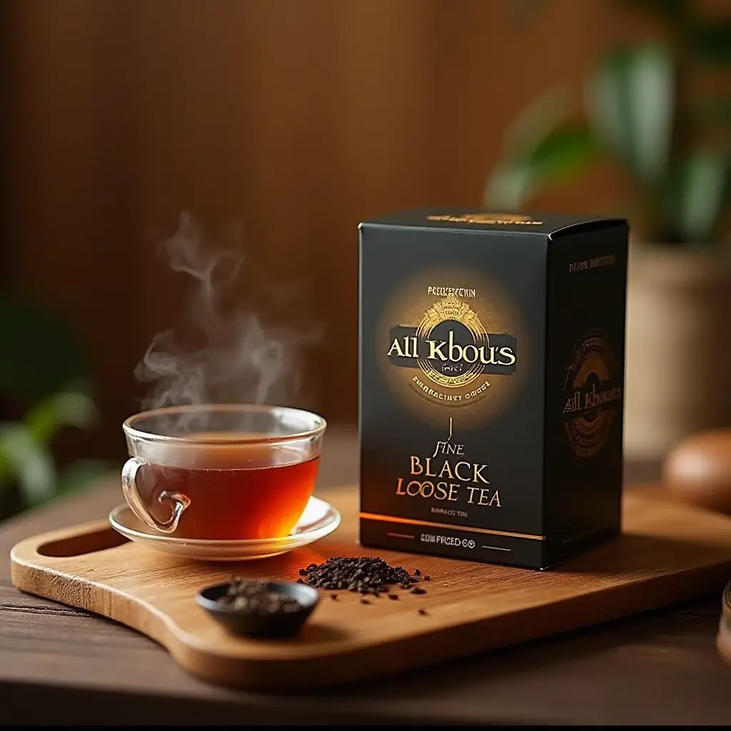 A cup of Al Kbous Fine Black Loose Tea with steam rising, loose tea leaves beside it, and a premium tea setup in a warm, inviting ambiance.