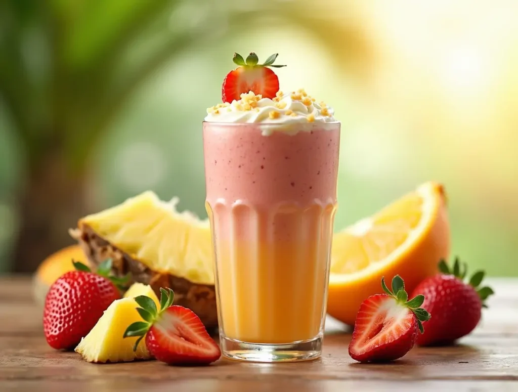 Bahama Mama tropical smoothie with strawberries, pineapple, coconut milk, white chocolate, and orange juice.