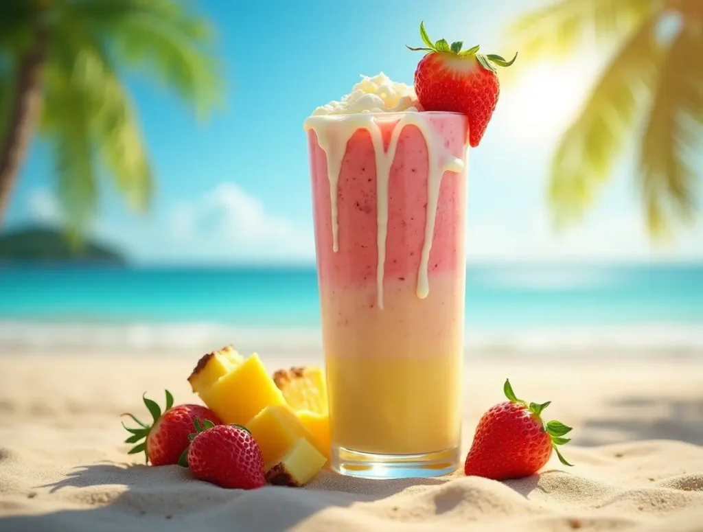 Delicious Bahama Mama tropical smoothie with strawberries, pineapple, coconut milk, and white chocolate in a tropical beach setting.