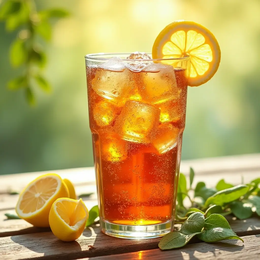 Glass of Brisk Iced Tea with lemon garnish and tea leaves on a sunny background.