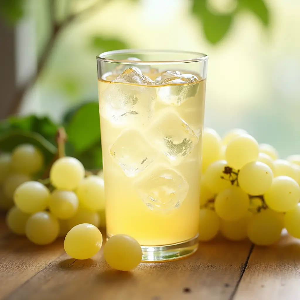 Glass of white grape juice surrounded by fresh white grapes, showcasing the refreshing and healthy drink.