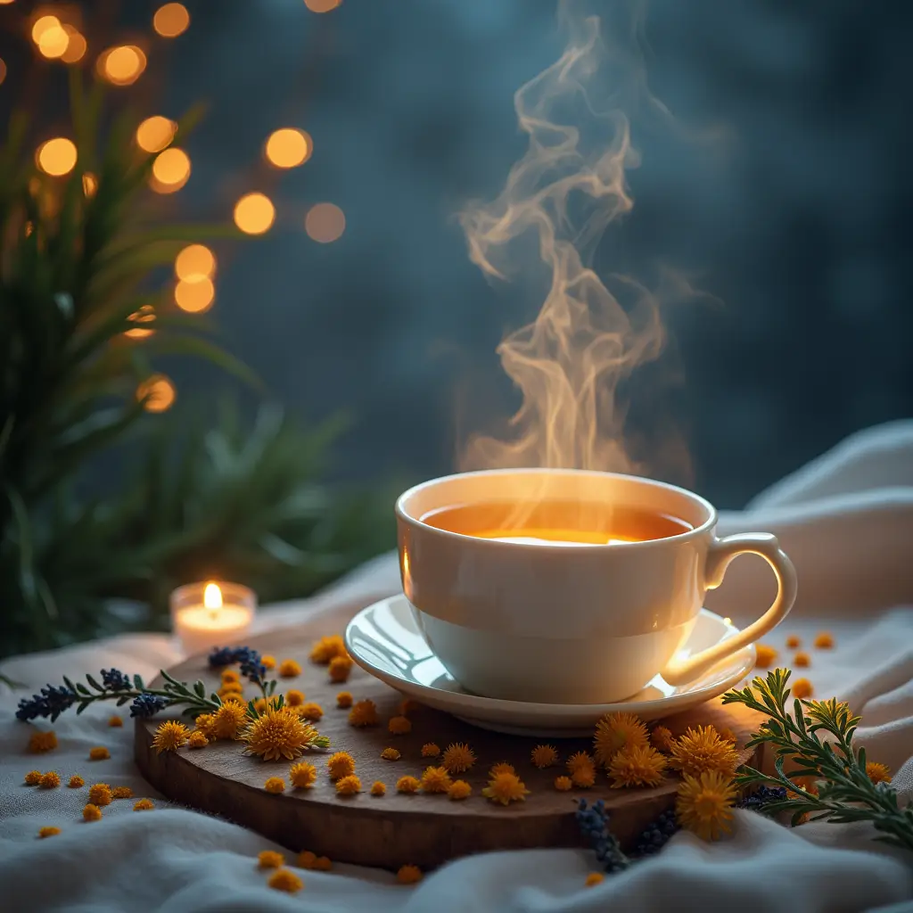 Cup of Sleepytime Tea with chamomile, valerian root, lemon balm, and lavender in a peaceful and relaxing setting.