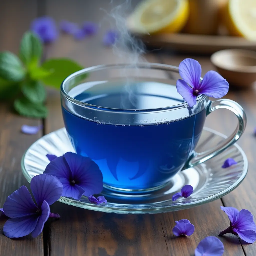 A freshly brewed cup of butterfly pea tea surrounded by vibrant purple-blue butterfly pea flowers and natural elements like mint and lemon slices, exuding a calming, soothing vibe.