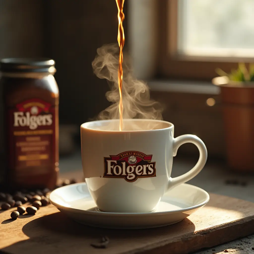 A steaming cup of Folgers coffee being poured into a white mug in a rustic kitchen setting, with a vintage Folgers coffee canister in the background.