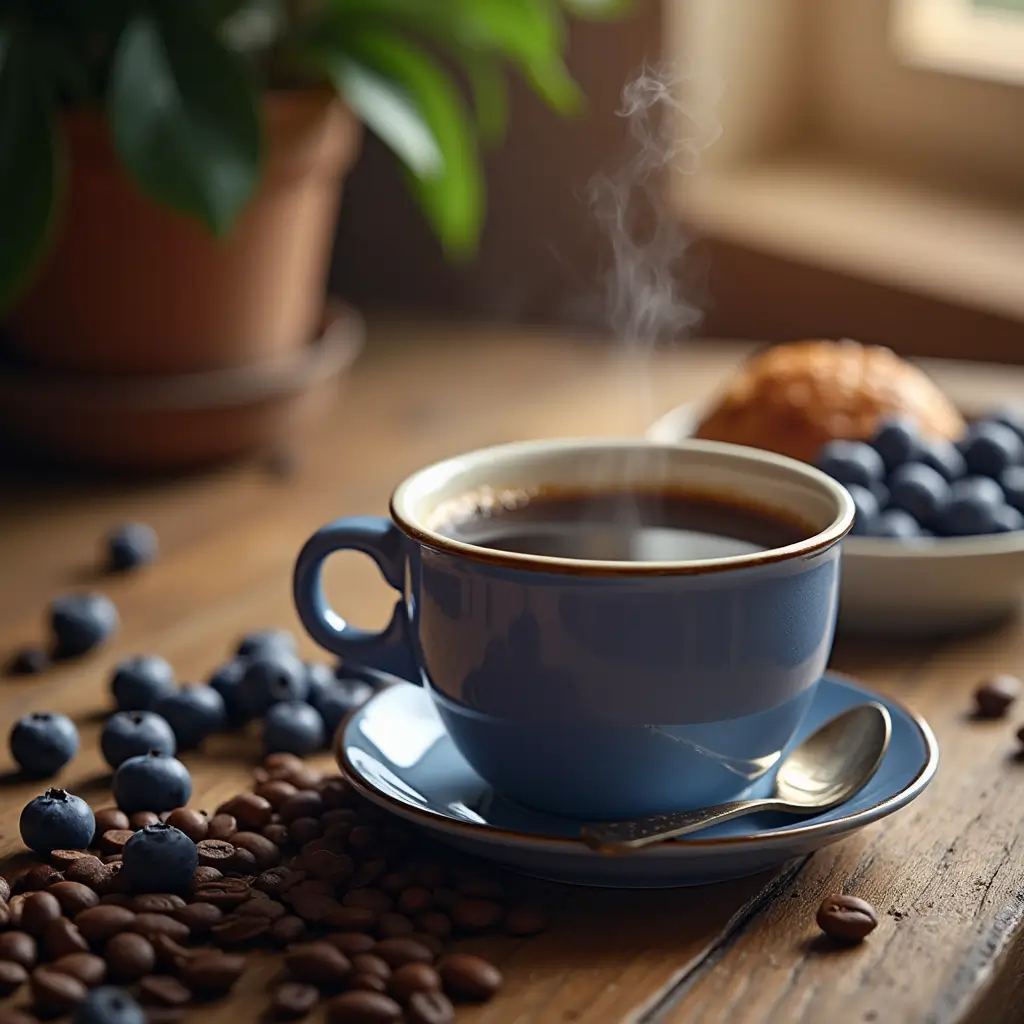 A cup of wild blueberry flavor coffee with fresh blueberries and a pastry on a wooden table
