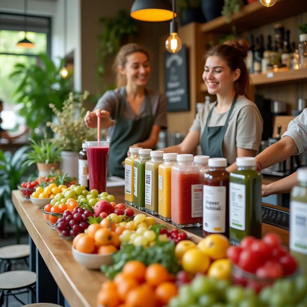 A vibrant juice bar counter with colorful cold-pressed juices, fresh fruits, and superfood bowls, showcasing a healthy and eco-friendly vibe.