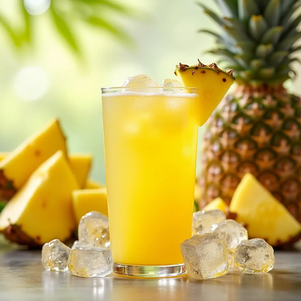 Fresh glass of Dole Pineapple Juice with tropical fruit and ice cubes, highlighting its health benefits.
