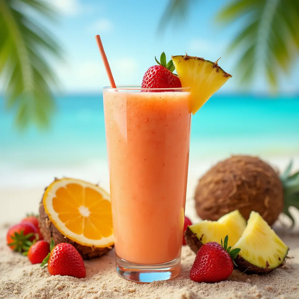 A vibrant Bahama Mama Tropical Smoothie garnished with fresh fruits and served on a beach with a tropical background.