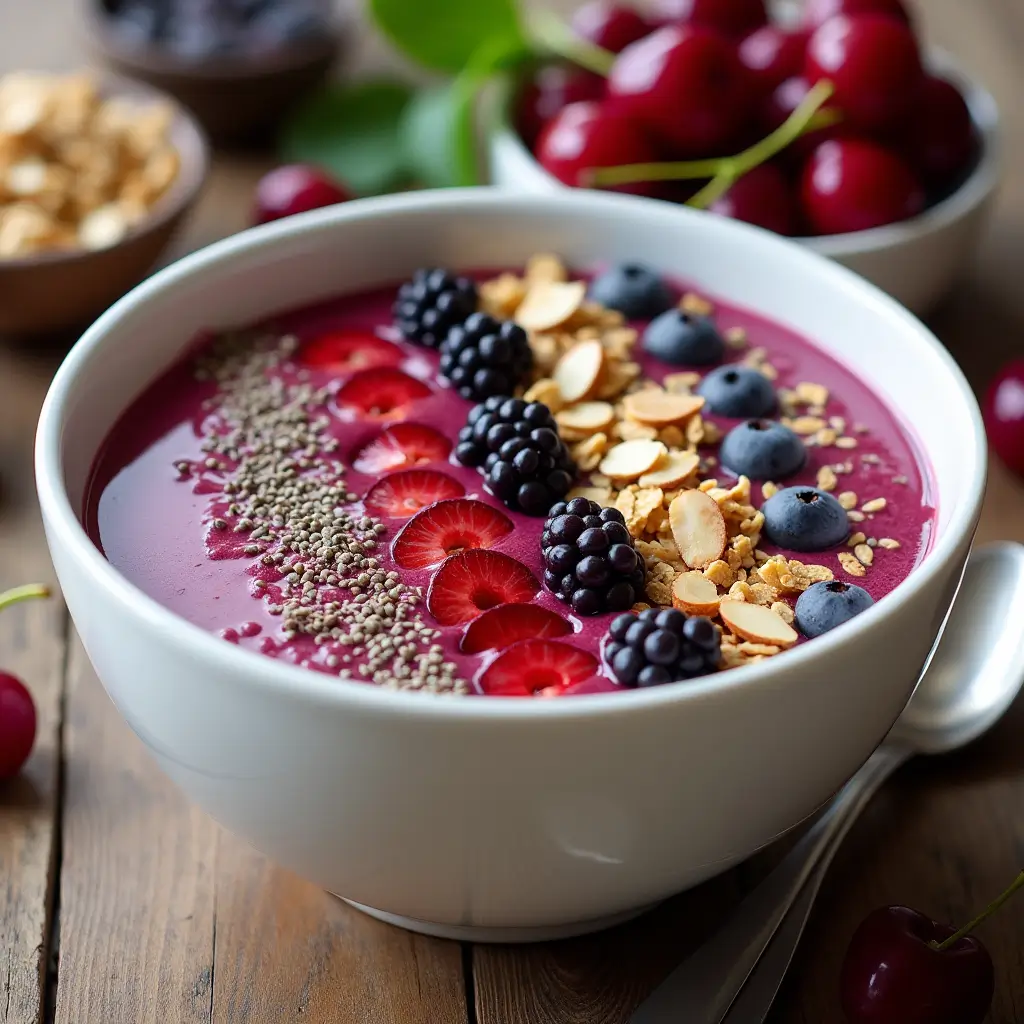 Cherry berry smoothie bowl topped with fresh berries, granola, and chia seeds.
