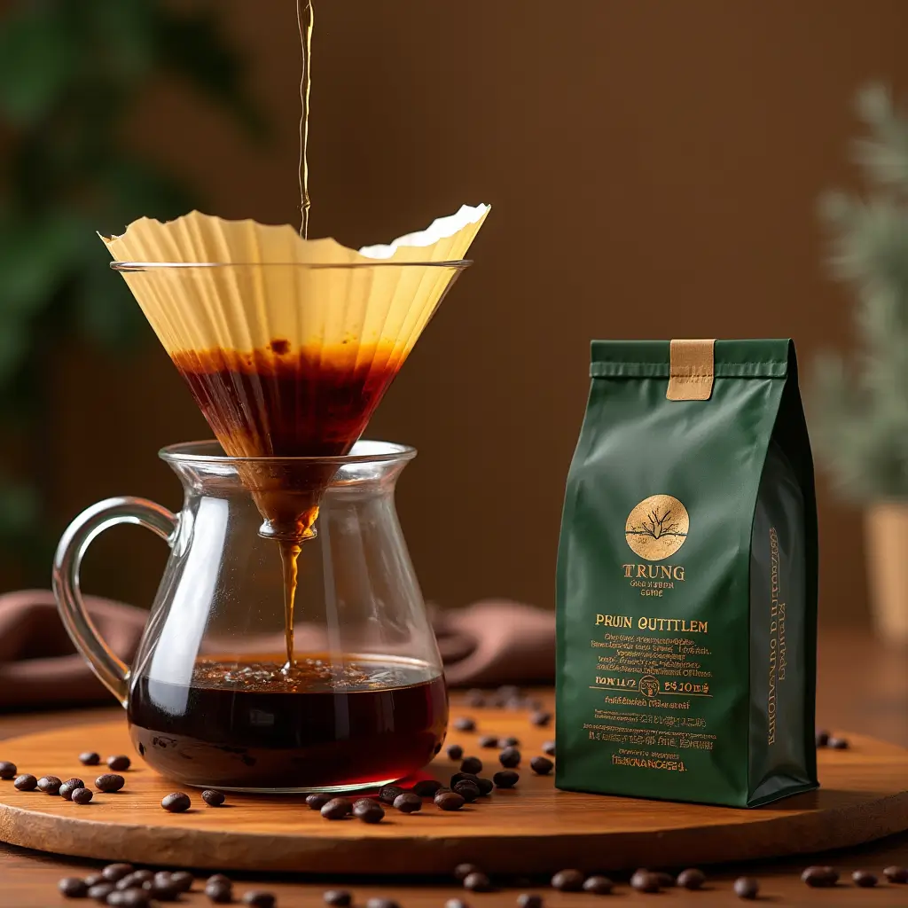 Traditional Vietnamese Phin filter brewing Trung Coffee, with a packet of Trung Nguyen coffee beside it.