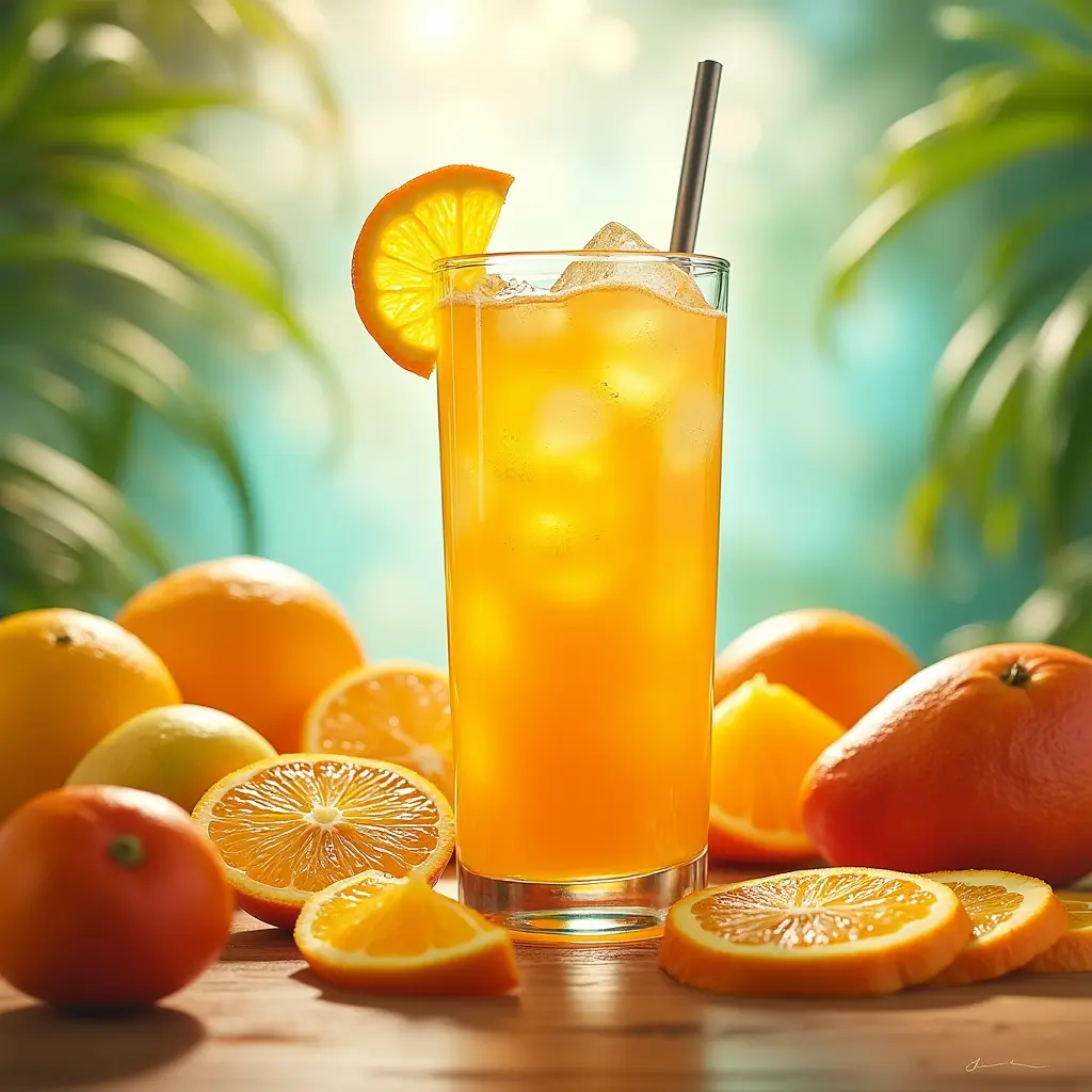 Glass of Tampico Fruit Juice with tropical fruits like oranges and mangoes, set against a bright, sunny background.