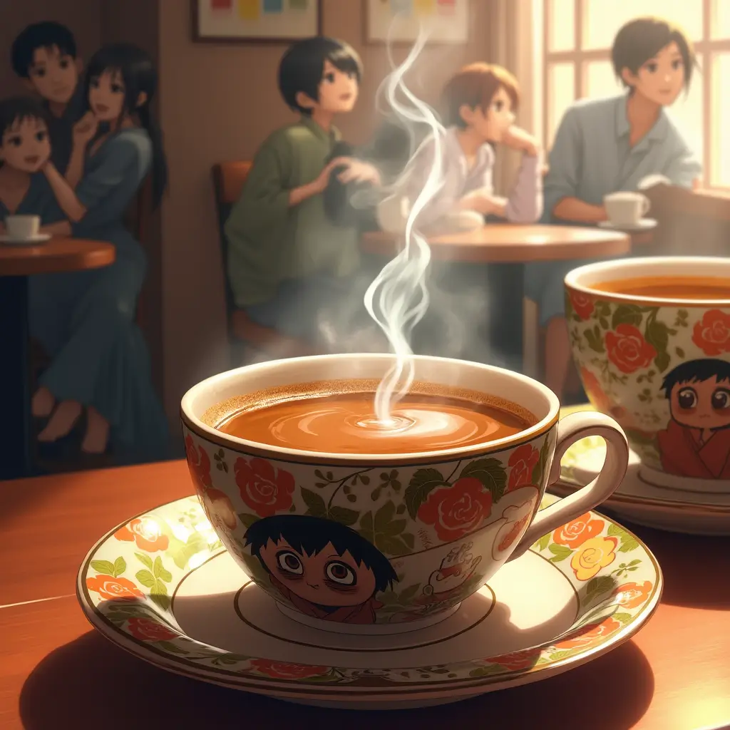 A steaming cup of Manga Coffee with anime-inspired elements, representing the bold, rich flavors of the drink in a cozy setting.
