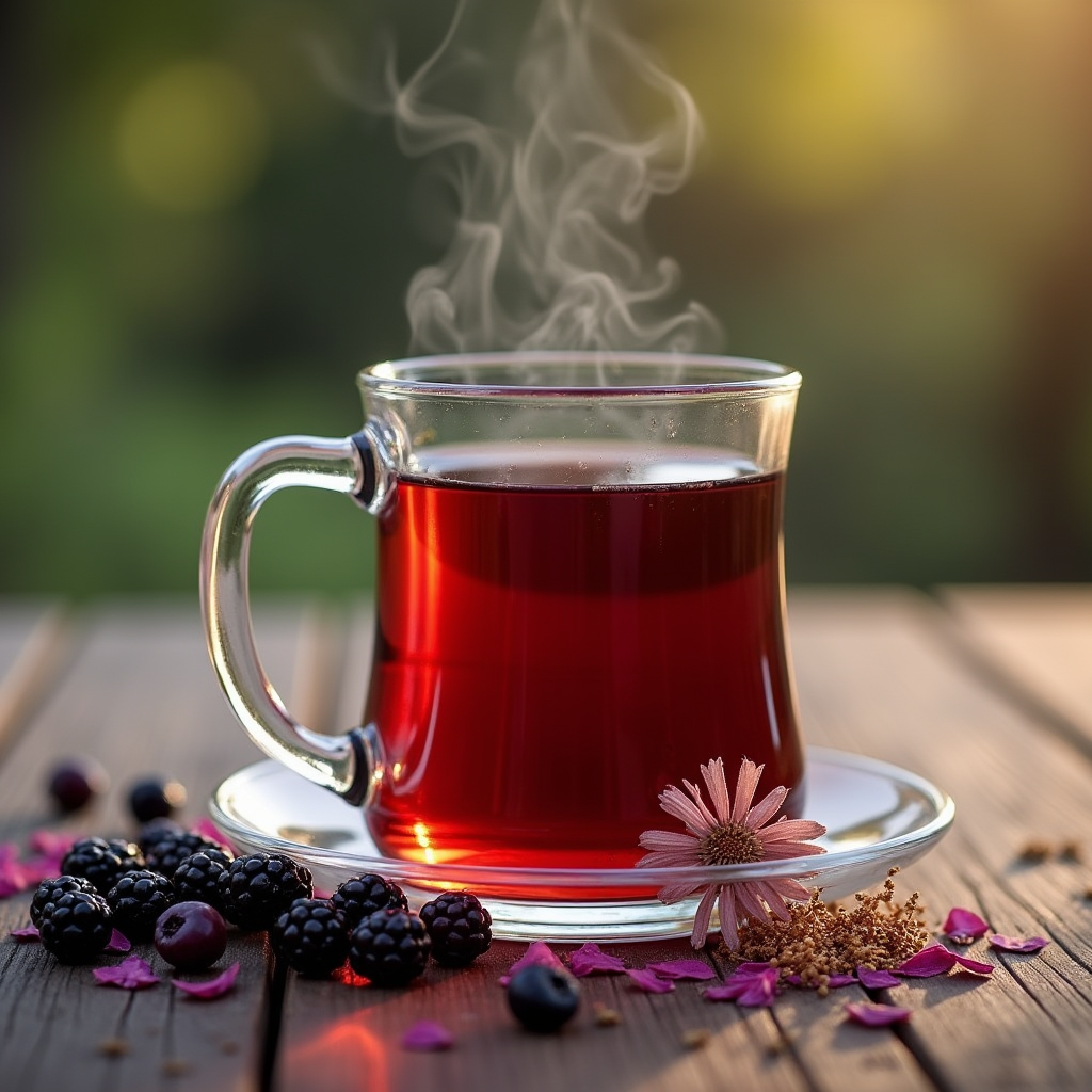 A steaming cup of Black Elder Tea with fresh elderberries on a rustic wooden table.