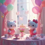 AI Hello Kitty Tea Party with pastel-themed decorations, Hello Kitty virtual hosts, and interactive digital elements.