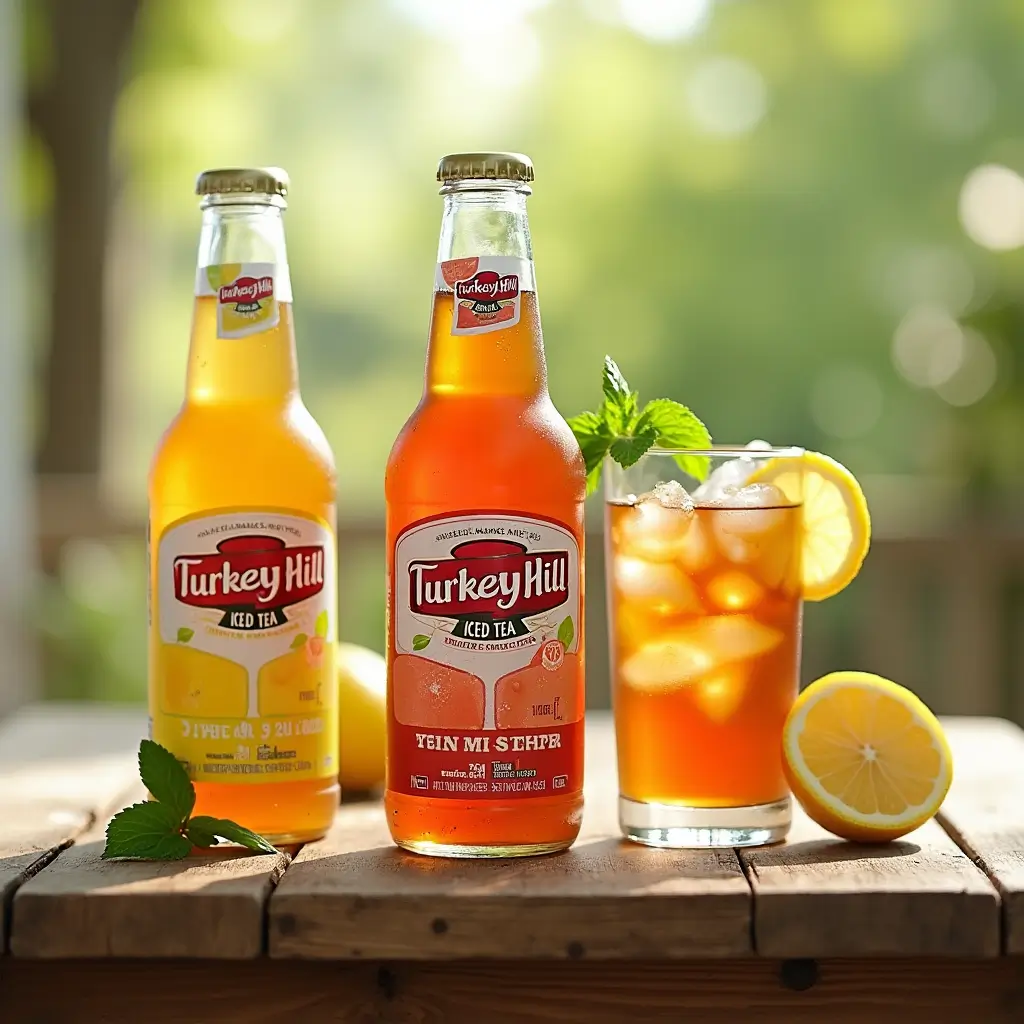 A refreshing bottle and glass of Turkey Hill Iced Tea with lemon slices and mint on a rustic wooden table.