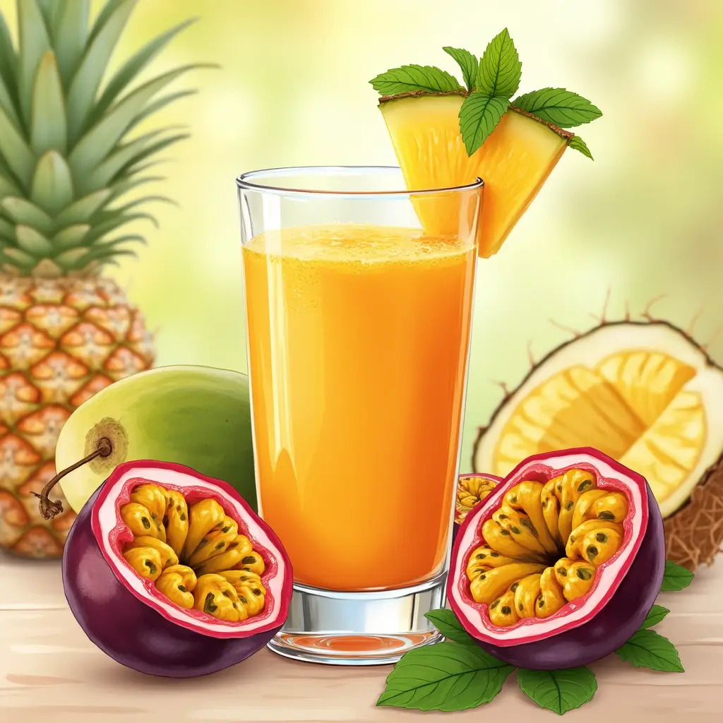 Fresh passion fruit puree with tropical fruits like mango and pineapple, served as a refreshing juice.