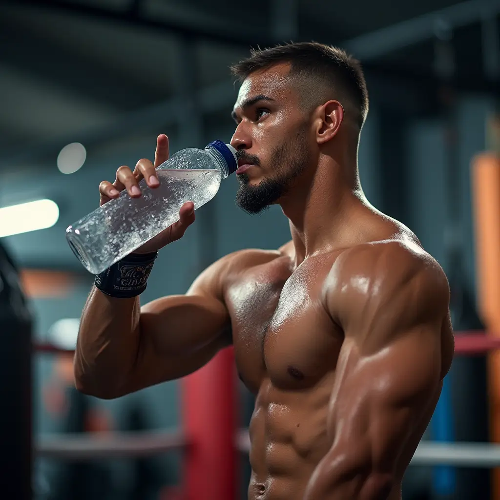 Boxer drinking water after training in the gym to stay hydrated for optimal performance and recovery.