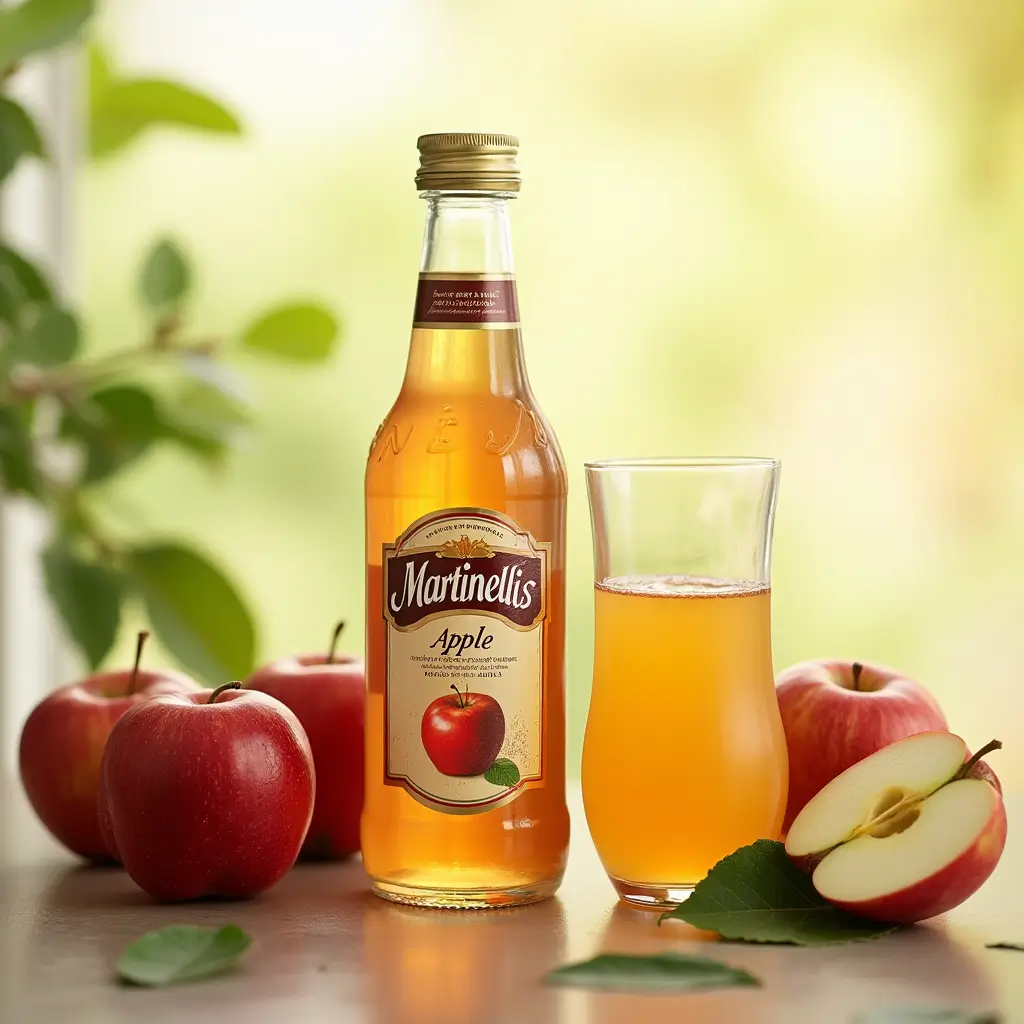 Bottle of Martinelli’s Apple Juice with fresh apples and a glass of juice, highlighting its purity and quality.