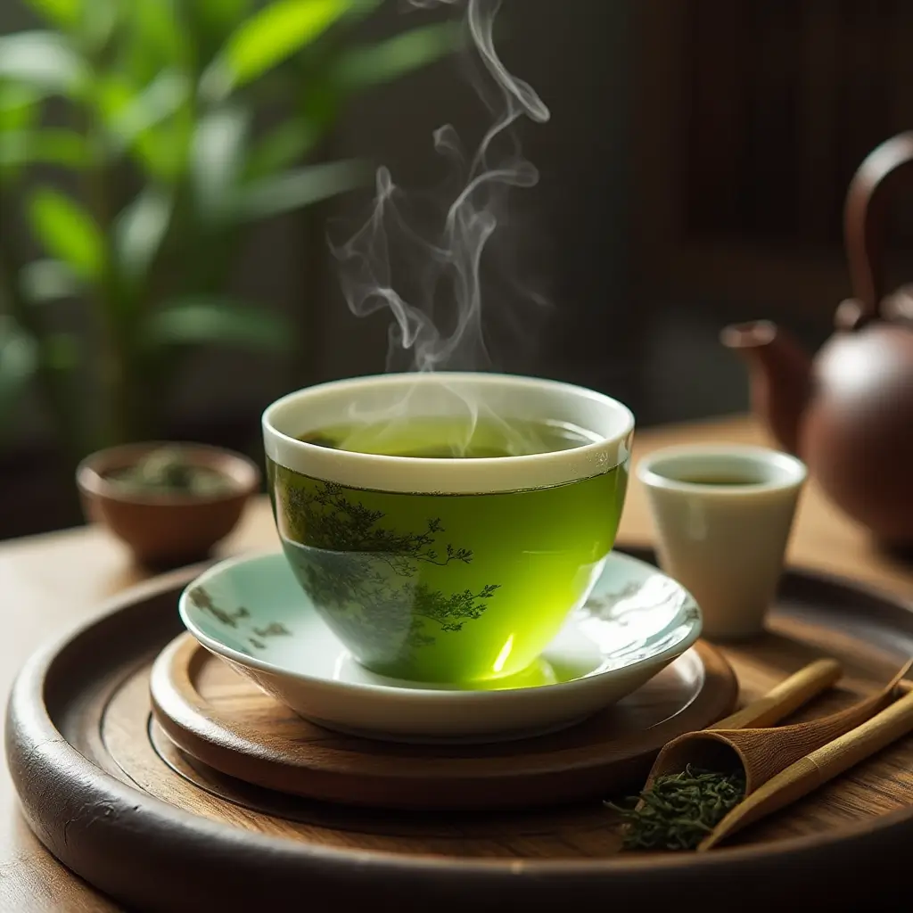 Traditional Gunpowder tea served in a delicate porcelain teacup, with rolled green leaves and a bamboo tea tray.