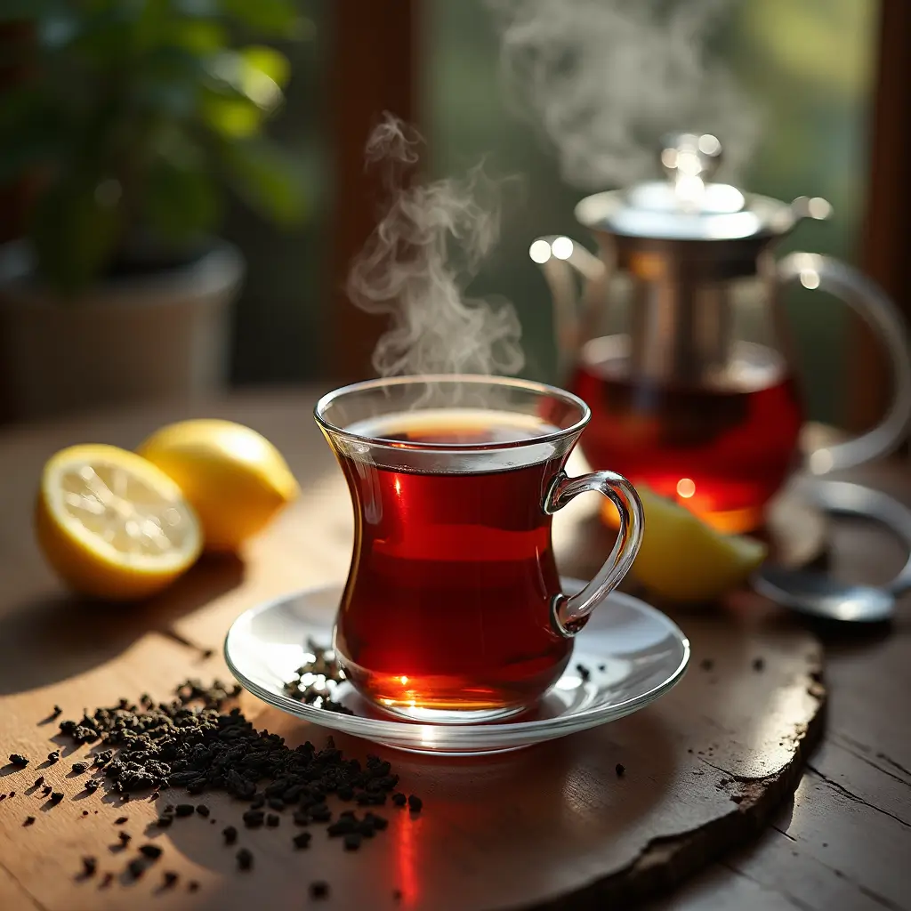 A cup of Baraka Loose Leaf Black Tea with tea leaves scattered on the table and a lemon wedge for garnish.