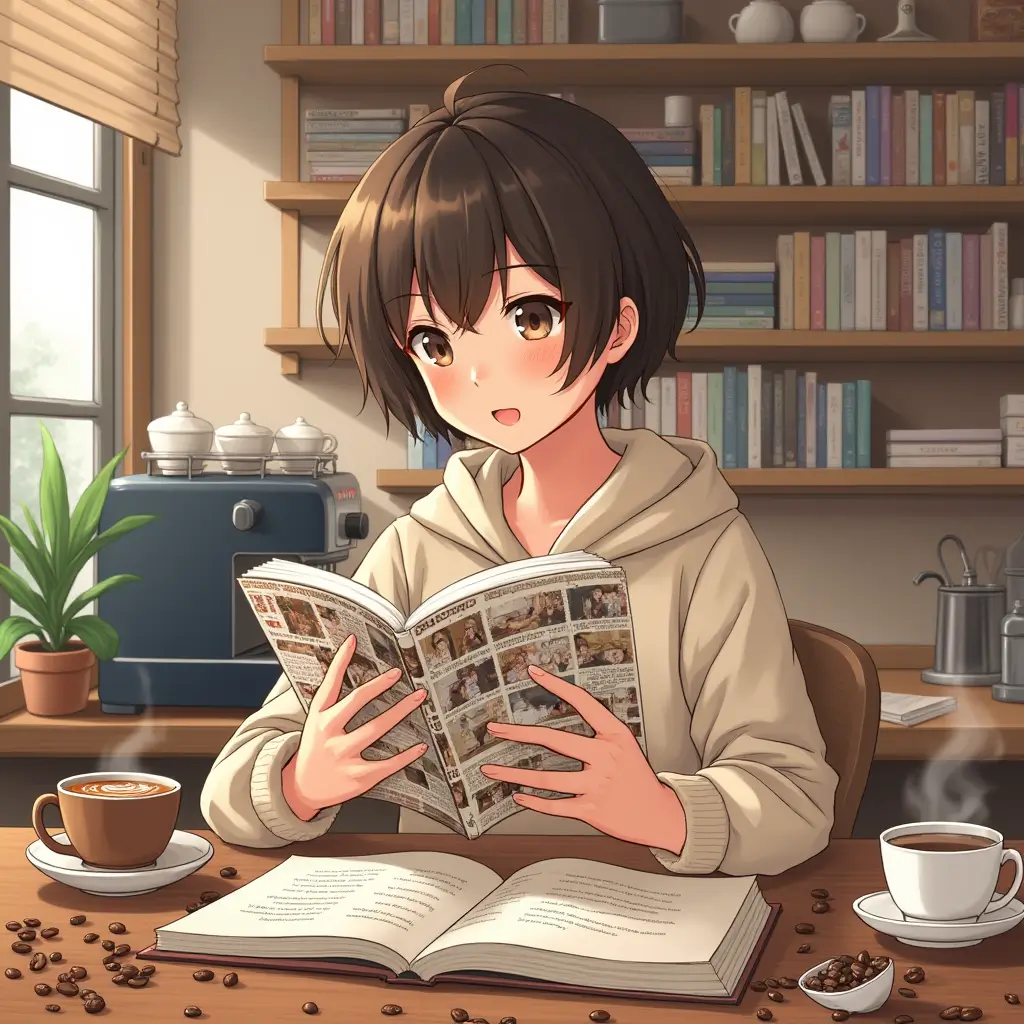Manga character enjoying coffee in a cozy coffee shop, reading a coffee-themed manga book surrounded by coffee cups and beans.