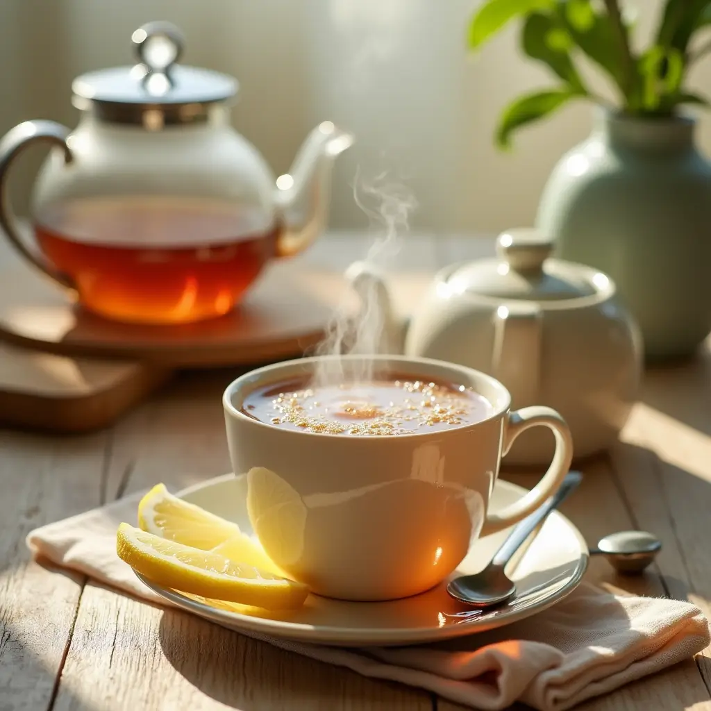 Steaming cup of decaffeinated tea with lemon slice on the side, surrounded by a calming and cozy atmosphere.