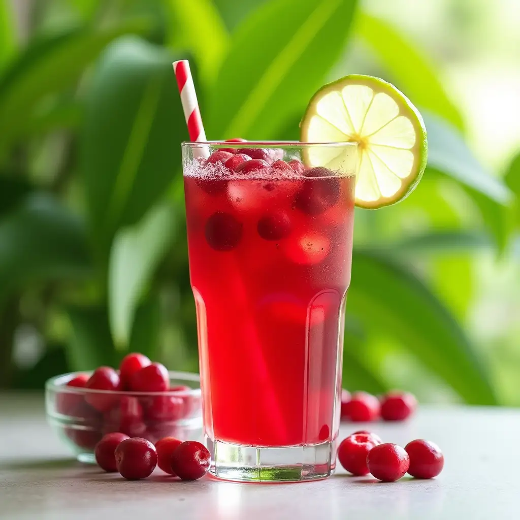 A glass of unsweetened cranberry juice surrounded by fresh cranberries and lime, emphasizing health and freshness.