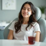 A person recovering from tooth extraction, holding a healthy drink like water or a smoothie, with soda untouched, in a calm healing environment.