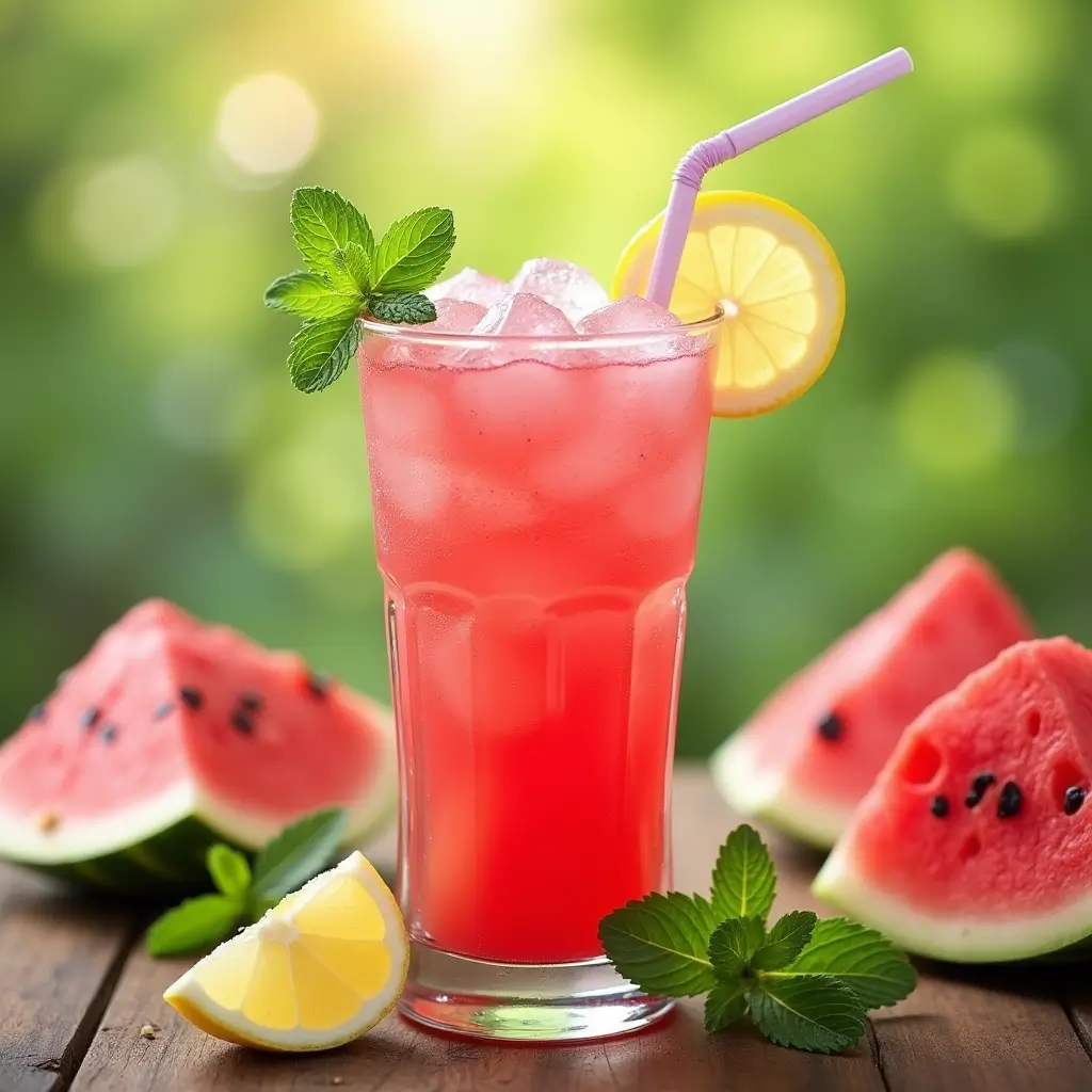 Glass of watermelon juice surrounded by watermelon slices, mint leaves, and a slice of lemon on a wooden table.