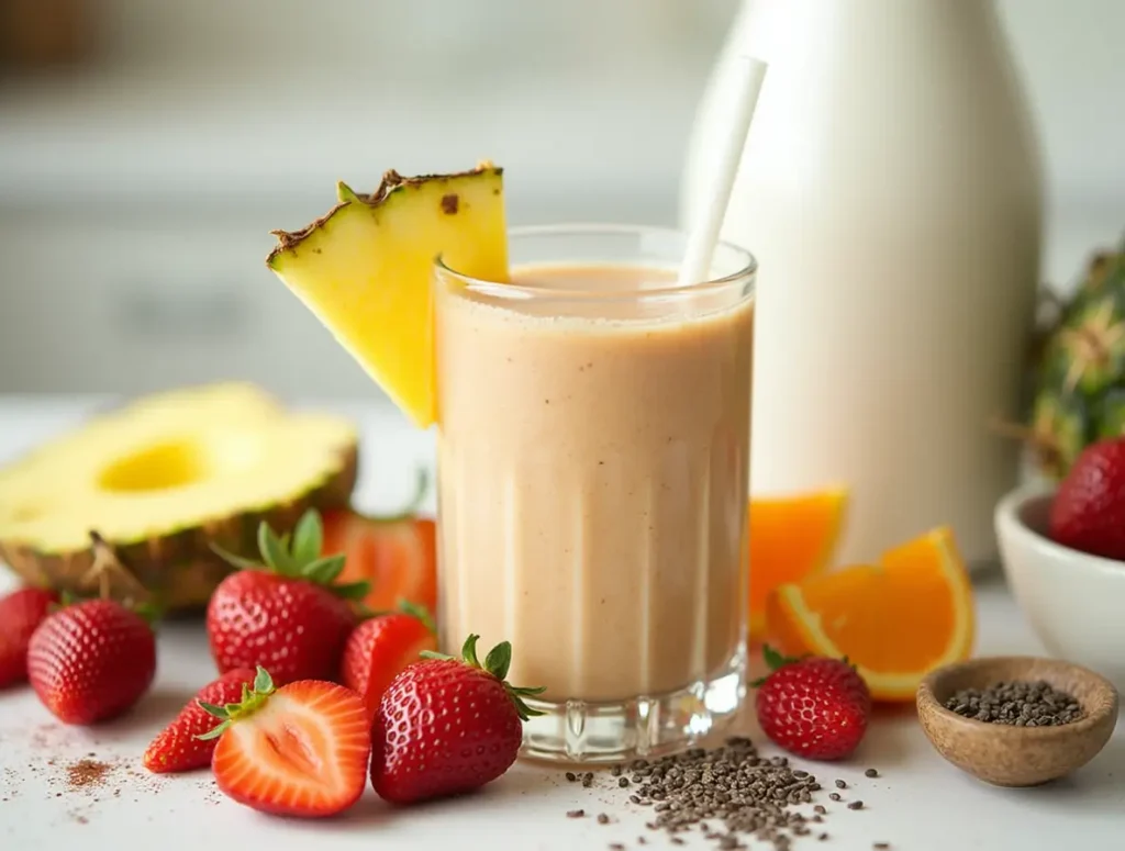 Bahama Mama Tropical Smoothie highlighting the health benefits like vitamin C, fiber, and healthy fats from ingredients like oranges, pineapple, and coconut milk.