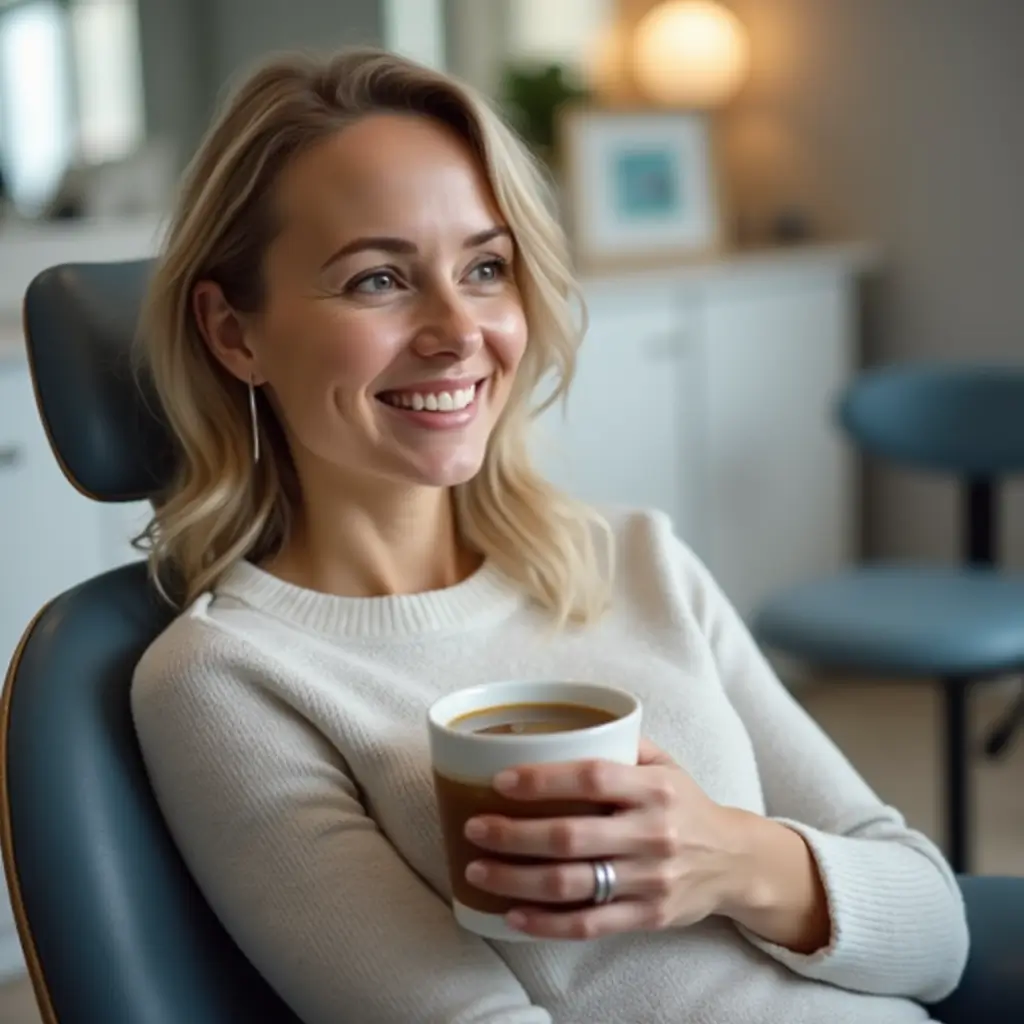 Patient holding a cup of lukewarm drink after dental anesthesia, avoiding hot beverages like coffee.